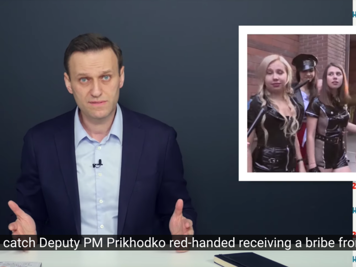 Navalny alleges that the corruption he discovered started with a gang of provocatively-dressed pro-Kremlin women sent to his party HQ as a hostile publicity stunt.