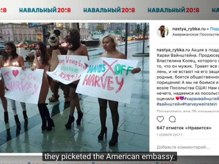 Navalny highlighted other odd stunts, including, apparently, the same group staging a pro-Harvey Weinstein vigil outside the US embassy in Moscow.