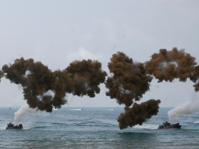 They were also included in the drills this year. As amphibious assault vehicles approach beaches, they fire smoke screens to make it more difficult to target them.