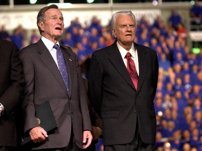 Graham maintained a close relationship with George H.W. Bush. He and his wife Ruth frequently vacationed with the Bushes over the years. In the book "Billy Graham: A Tribute from Friends," the senior Bush wrote that, during his inauguration, the preacher left the parade to spent time with the president