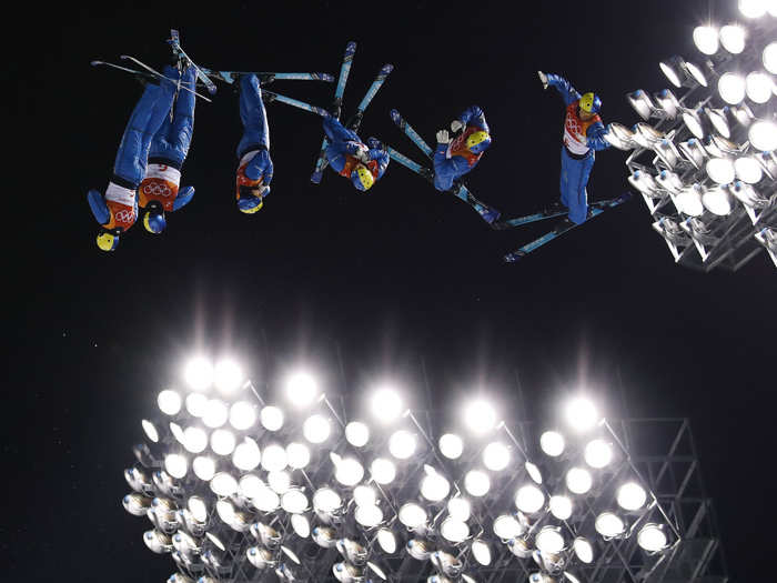 Ukrainian athlete Oleksandr Abramenko twists and turns in the middle of the sky during the men