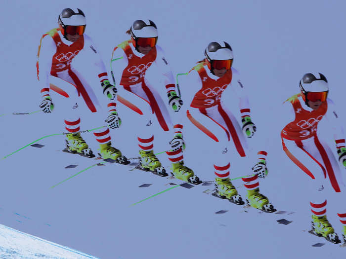 Austrian alpine ski racer Ricarda Haaser gains speed during a downhill alpine training session.