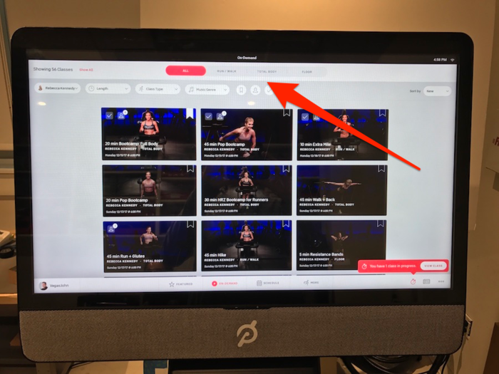 We hop aboard the machine. There are three categories of classes to choose from: Run/Walk, Total Body, and Floor, which includes yoga workouts. The product comes with thousands of on-demand classes, and an additional 10 classes will be live streamed from the studio each day.