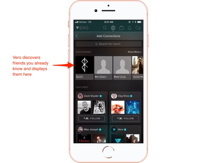 This is the "Add connections" screen. The top row shows anyone you already know using Vero.
