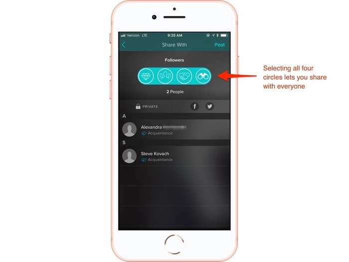 Vero posts can either be totally private, completely public, or shared with select groups of friends.