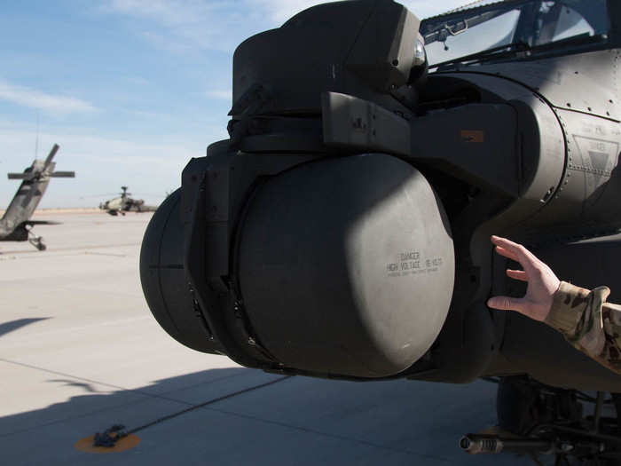 This is the sensor array, mounted on the nose, which feeds the pilot and gunner targeting and visual information through the monocular lens attached to their helmets. But more on that later.