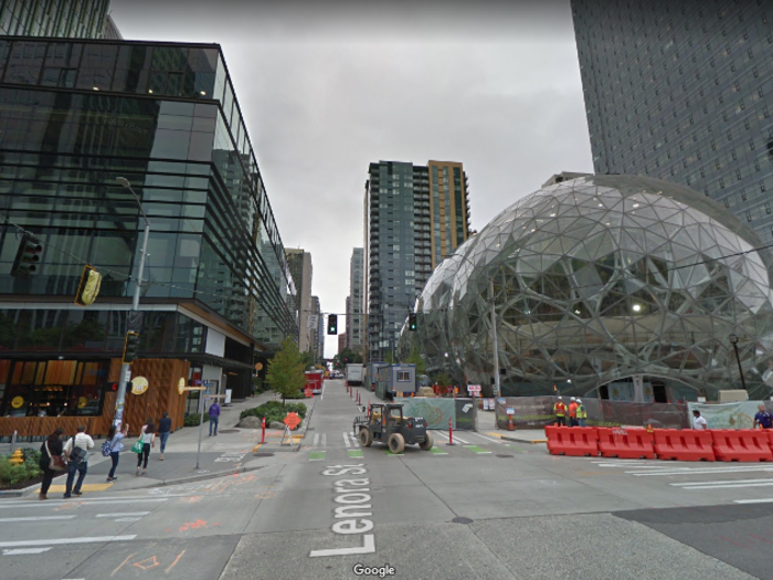 In early 2018, Amazon completed construction on its Spheres — three plant-filled glass domes where employees can meet up and escape their desks. Across the street, there