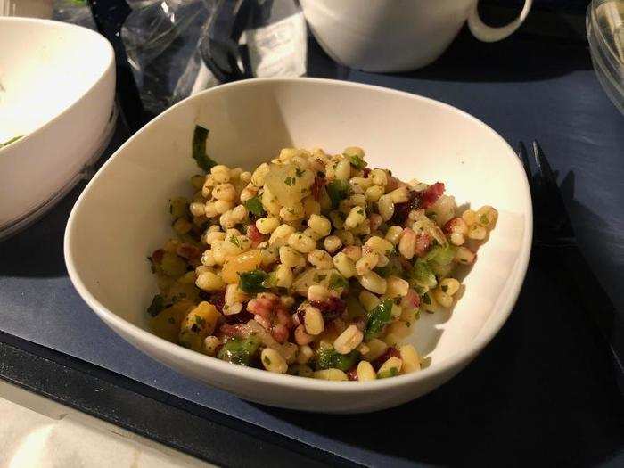 ...And a wheat berry salad (although I noticed some people got a fruit salad instead). The only thing I was missing was something sweet. I asked the flight crew, but all they had were some crackers. While British Airways launched a new, expanded catering service last month on all long-haul flights, featuring more snacks, treats, and a more robust meal, it seems that this flight had the old service.