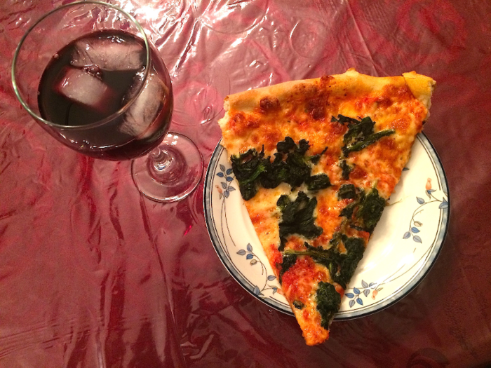 On Friday, it finally came time to put an end to the Black Fast for good. I celebrated with wine and spinach pizza for dinner.