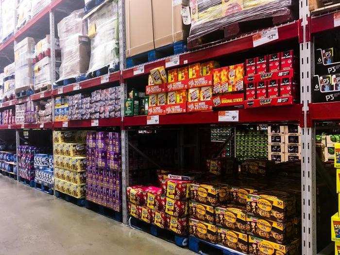 As was the case at Costco, walls of bulk-sized snacks for under $10 lined the store.