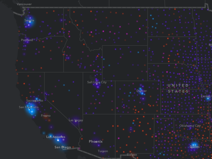 ... and the West Coast. San Francisco, California glows a brighter blue than any other city on the map, indicating that a large number of households make over $100,000.