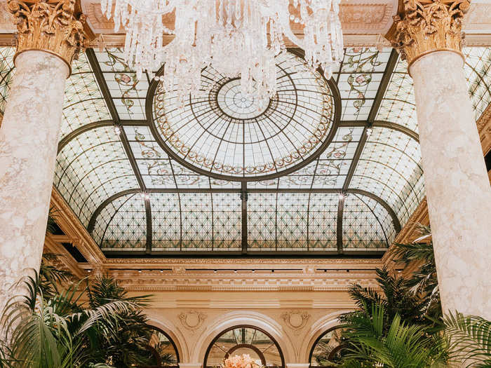 This beautiful ceiling was covered over in the 1950s. It was not until the 1980s, when Trump owned the hotel, that it was uncovered. In the early 2000s, developers restored the ceiling, using shards of glass embedded in the walls to figure out what shades of green and rose glass to use.