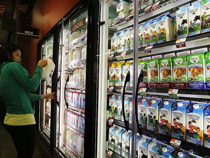 Dairy products and essentials are hidden at the back of the store.