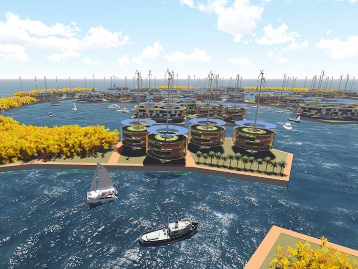 The Seasteading Institute proposed two designs. The first had clusters of floating platforms that featured large solar panels and wind turbines. The second was horseshoe-shaped.