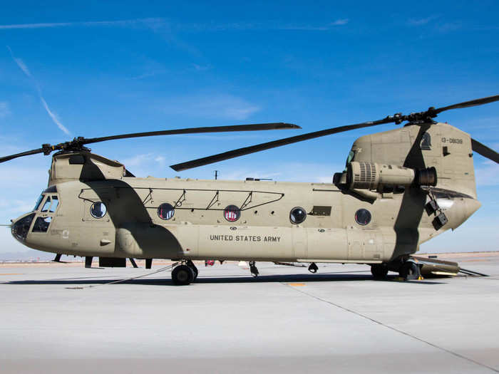 The CH-47D is a tandem rotor aircraft, meaning it has two sets of blades, with two T55-GA-714A turboshaft engines that can lift and transport 19,500 pounds.