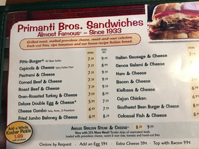 As soon as I sat down, it was time to tear through the menu, even though I basically knew I was going to get the "Pitts-Burger," a mountainous sandwich comprised of meatloaf, fries, slaw, provolone cheese, and tomato served on very thick Italian bread.