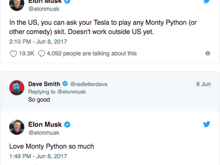 Teslas can also play Monty Python skits.