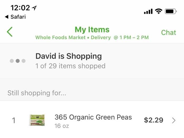 I got an alert 30 minutes later notifying me that an Instacart employee named David was shopping for my groceries. The app updated every time David scanned a new item and added it to my basket.