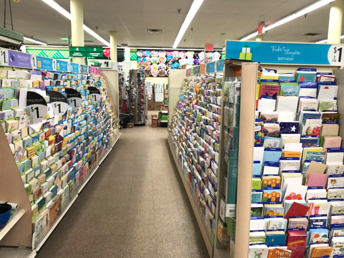 There were three rows devoted to greeting cards.