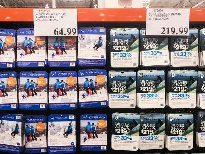 Costco had an entire wall of discounted gift cards ranging from restaurants to movie theaters. The selection even included discounted lift tickets for local ski mountains.