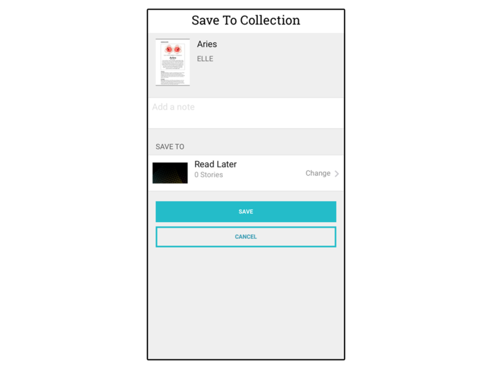Texture also lets you save stories so you can find them again later. Clicking save will let you add it to a collection — like "Read Later" — and you can even include notes to remind yourself what the story is about.
