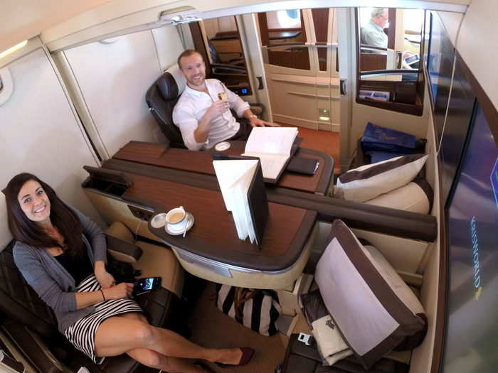 The couple cashed in 187,000 Chase Ultimate Rewards points to afford the first-class suite. Each seat had an $8,400 value, but the Millers paid just $300 each in taxes and fees.