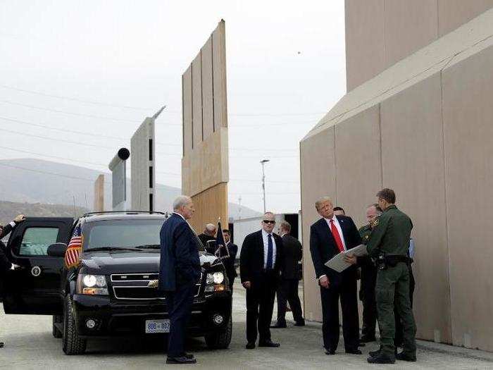 Trump spoke to media in front of one of the concrete prototypes, noting that it would be one of the hardest models to scale, but was disappointed it lacked the "see-through" component he desired.