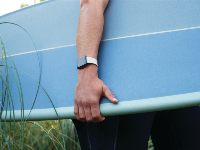 Fitbit Versa is waterproof up to 50 meters, so you can wear it for swimming or surfing — but you should take it off before going in a hot tub or sauna.