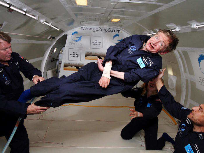 Hawking never quite made it to space — but he got extremely close. Here he is in 2007 experiencing zero gravity in a specially-modified plane on the edge of the atmosphere.