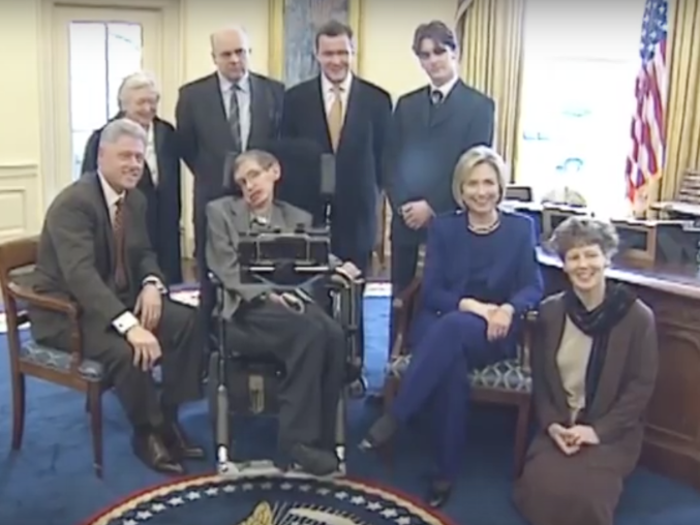 Hawking also met some of the most powerful people on earth. He is pictured below in 1998 with then-President Bill Clinton and First Lady Hillary Clinton.