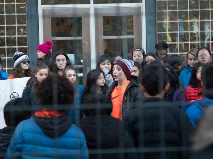 Dozens of groups of high school students in New York City, like these from Stuyvesant High School, held discussions amongst themselves about creative and radical solutions to gun violence.