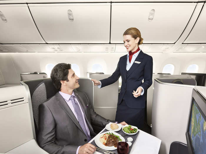 There are wines, spirits, beers, and soft drinks available through the flight, as well as "gourmet cuisine" from culinary partner Chef Hawksworth.