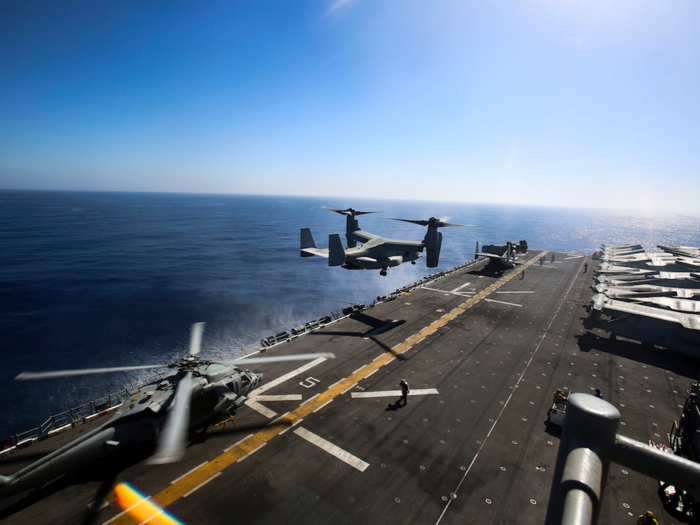 The helicopters, which included V-22 Ospreys, came from the 26th Marine Expeditionary Unit, and carried the Marines from the USS Iwo Jima to Israel from the Mediterranean.