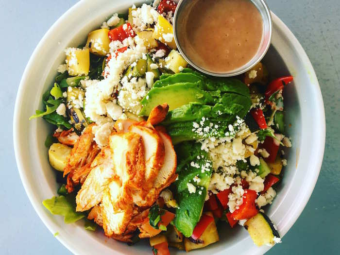 The next day, I woke up determined not to be thwarted by the previous episode of brain fog. For lunch, instead of a container full of lettuce and a bit of chicken, I had a hearty bowl featuring loads of grilled chicken, half an avocado, cheese, veggies, and black beans.