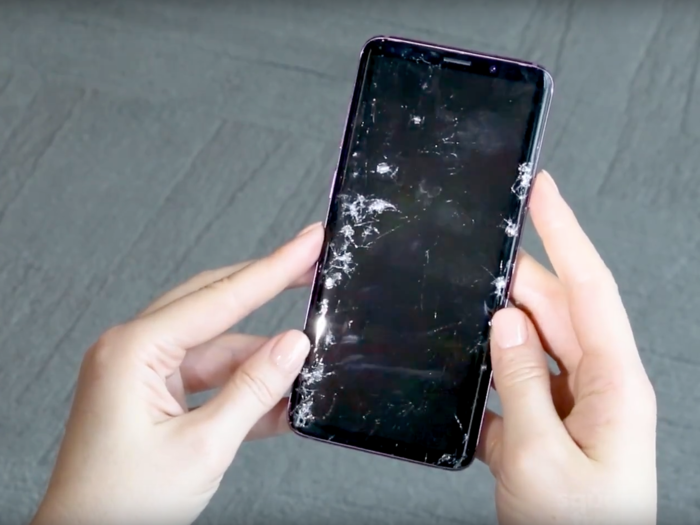 The Galaxy S9 Plus had a shattered screen and starburst cracks after the face-down drop test.