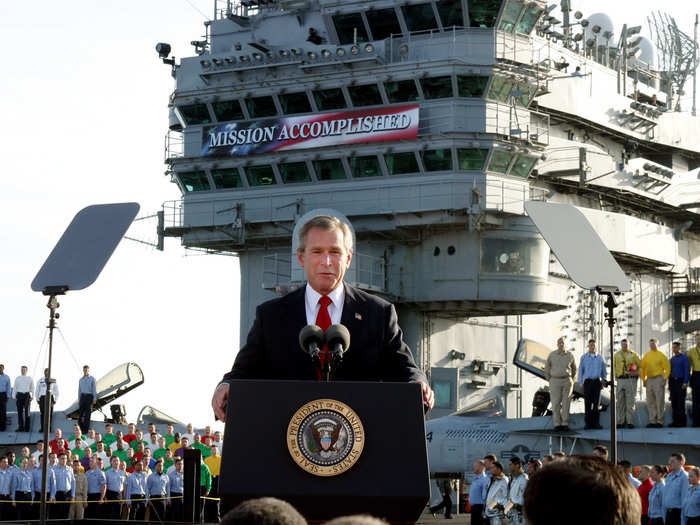 In May 2003, Bush landed on the USS Abraham Lincoln in a fighter jet while wearing a flight suit, and announced that major combat operations in Iraq were over.