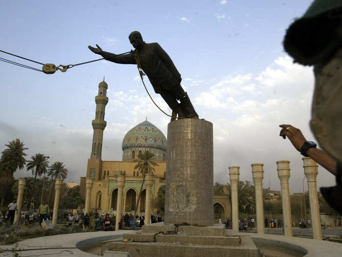 In early April 2003, Baghdad fell, symbolized by the toppling of a state of Hussein in Firdaus Square.