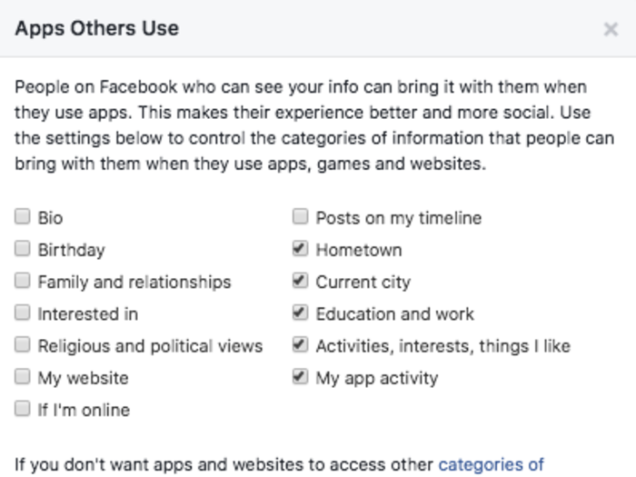 Even worse, I was letting apps my Facebook friends installed take some of my Facebook data, too, including my current city, and my likes.