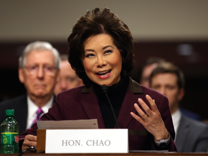 Elaine Chao, 64, is the US Secretary of Transportation. She previously served as US Secretary of Labor from 2001 to 2009. Chao moved to the US from Taiwan at age eight and grew up in New York.