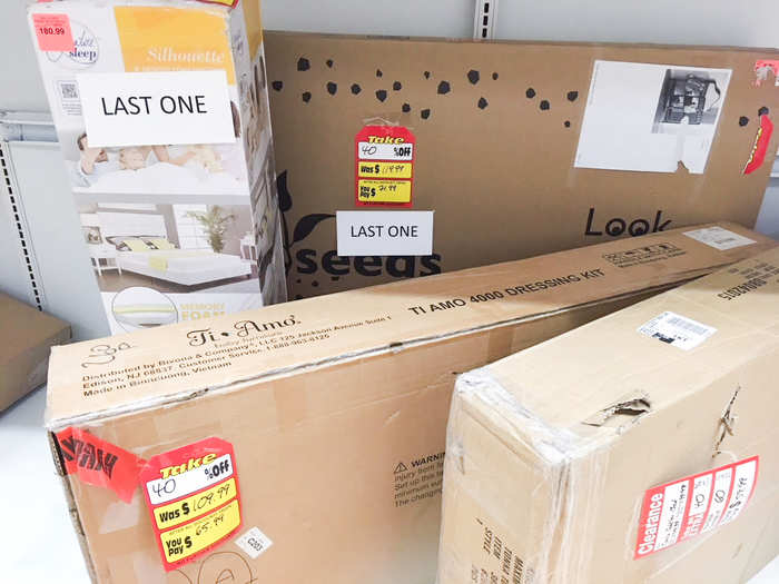 The boxes on display in this nearly empty room were torn and clearly had been moved around a lot. Many pieces of merchandise here were marked as the last of that product available in-store.