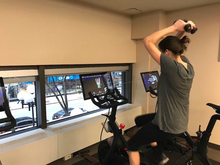 10 minutes in, the class switched to arm work. The weights are handily located at the back of the bike.