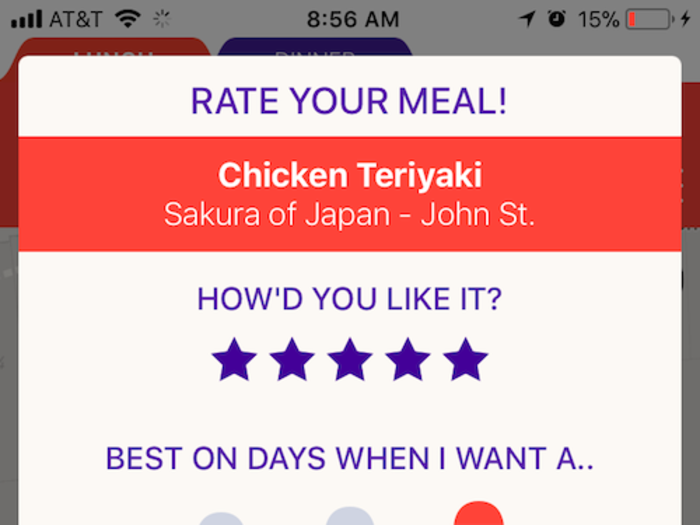 Before ordering your next meal for the day, MealPal prompts you to review your previous lunch. You can submit a review, add notes, and indicate how full you were after you ate.