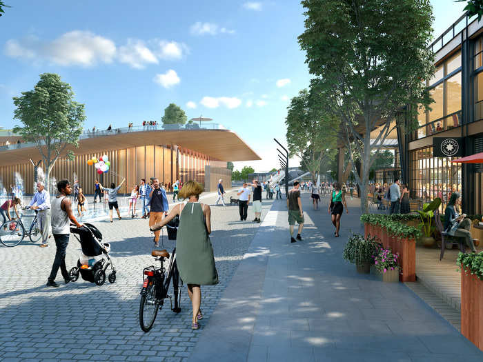 The Lincoln Yards arts and entertainment district would feature wide pedestrian walkways, sidewalk cafes, and a water park to cool off in the summer.