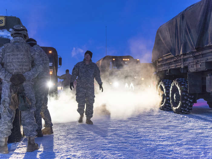 US Army soldiers, like their Marine counterparts, drove and hoofed through Alaskan snow. Their exercises included live-fire drills, as well as survival and maneuver training.