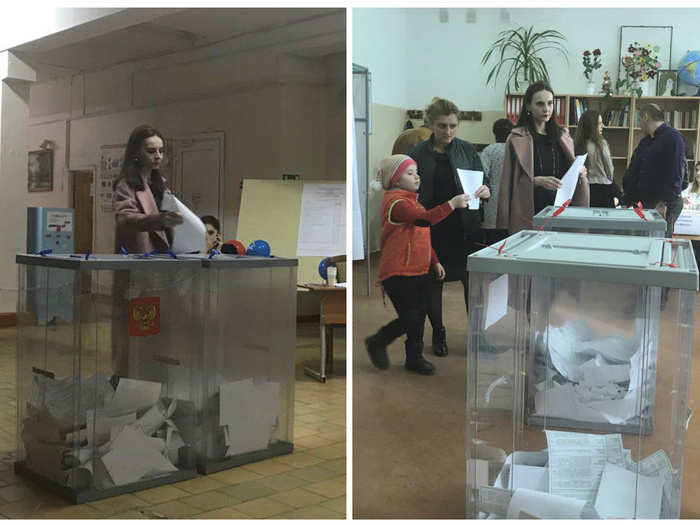 Larissa Tekeyeva, head of the election commission for polling station 216, said after looking at a picture of a woman in a pink coat who voted at polling stations 216 and 217: "We all have the same mentality. We all look alike."