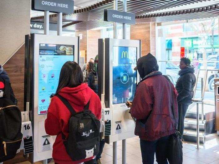 But it was easy to see that the kiosks turned over more customers more quickly. The pick-up counter was a constantly churning flurry of activity.