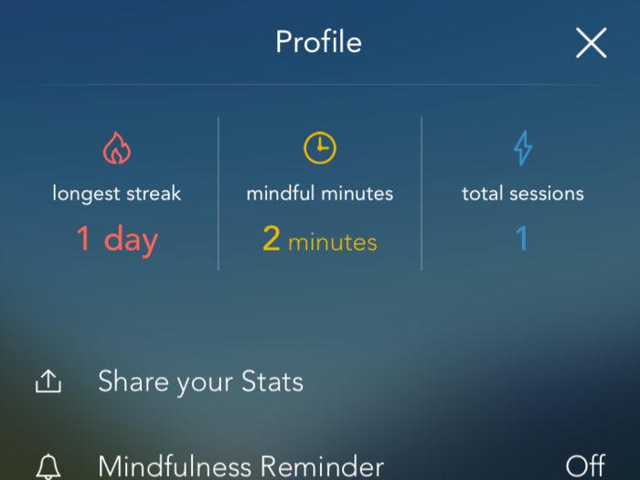 From the profile screen, you can scroll down to find your app settings and some share options, in case you want to brag about your new meditation routine on social media.