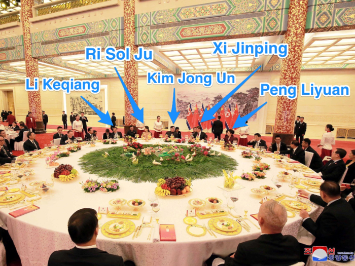 The North Koreans and Chinese delegates were also treated to an opulent, multi-course dinner with red wine and fruits. It looks like it was held in the Great Hall of the People. Kim and Xi sat together, and were flanked by Chinese Premier Li Keqiang and the leaders