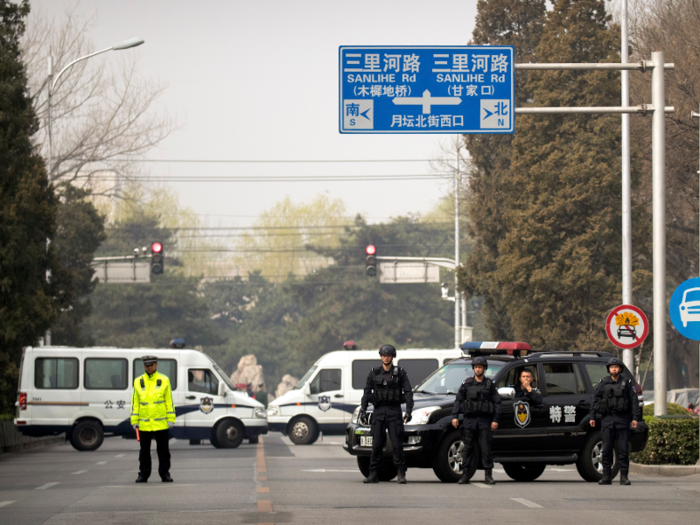 Police continued to block Beijing roads on Tuesday.