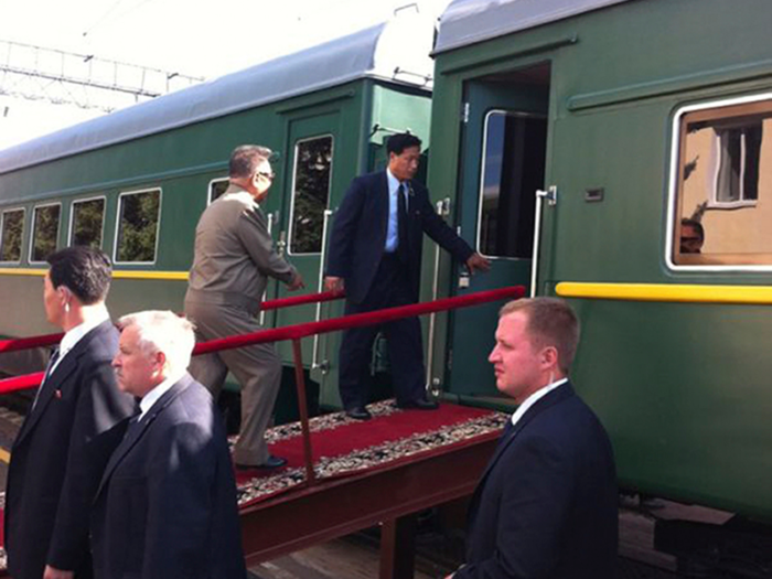 It also has a red-carpeted ramp on which the supreme leader can board the train. It